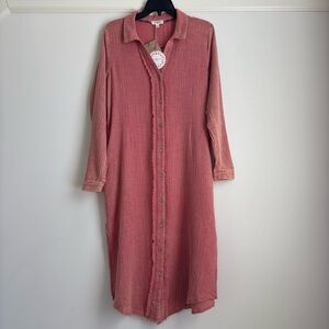 Umgee Mineral Wash Cotton Gauze Button Down Shirt Dress Duster Rose Clay NWT